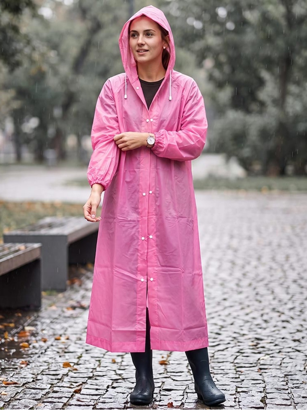 Pink Hooded Long Raincoat